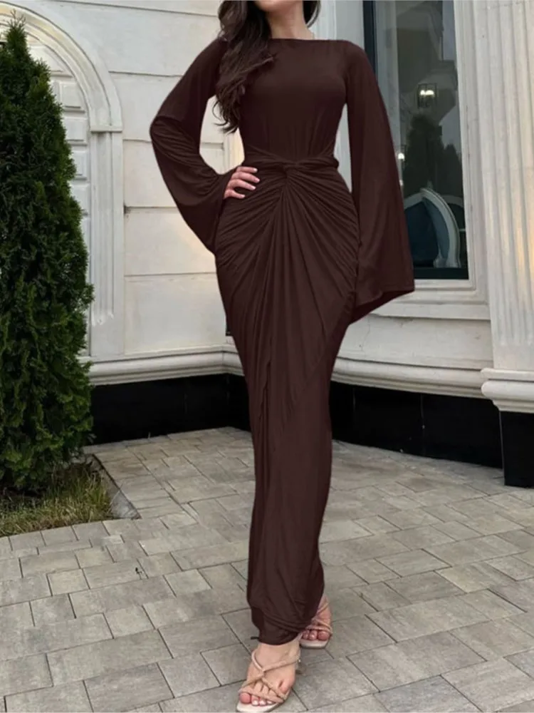 Elegante Dünne Paket Hüfte Kleid Für Frauen Fashion Solid Langarm O Neck Hohe Taille Pullover Kleider Robe Femme Urlaub Partei