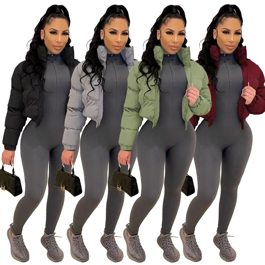 Cotton Padded Coat Women Patchwork Puffer Parka Outwear Solid Color Winter Warm Zipper Crop Top Jacket Chaqueta Mujer