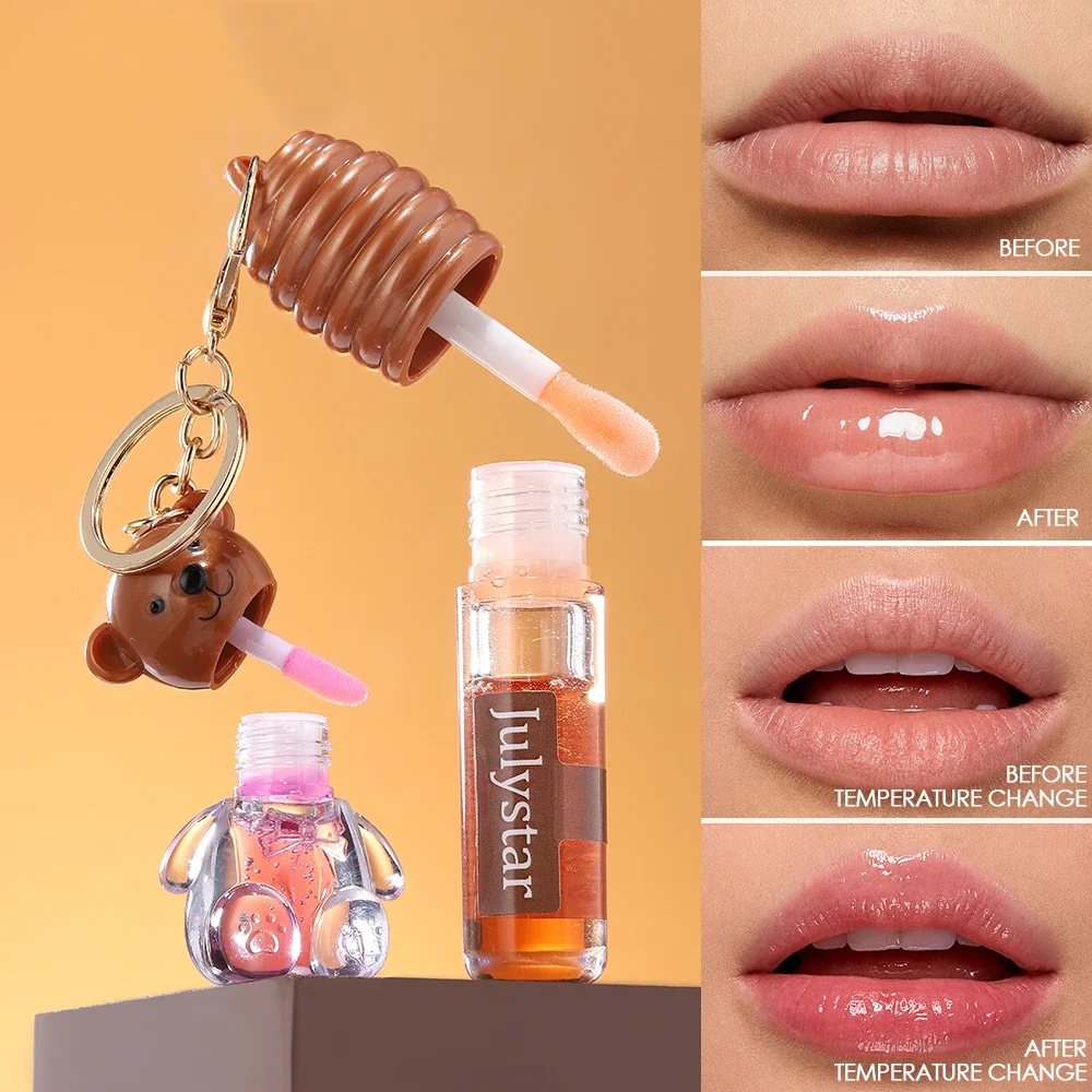 2 In 1 Bear Keychain Lip Gloss Set, Honey Moisturizing Gloss & PH Thermo Color Changing Gloss, Portable Bag Pendant Design