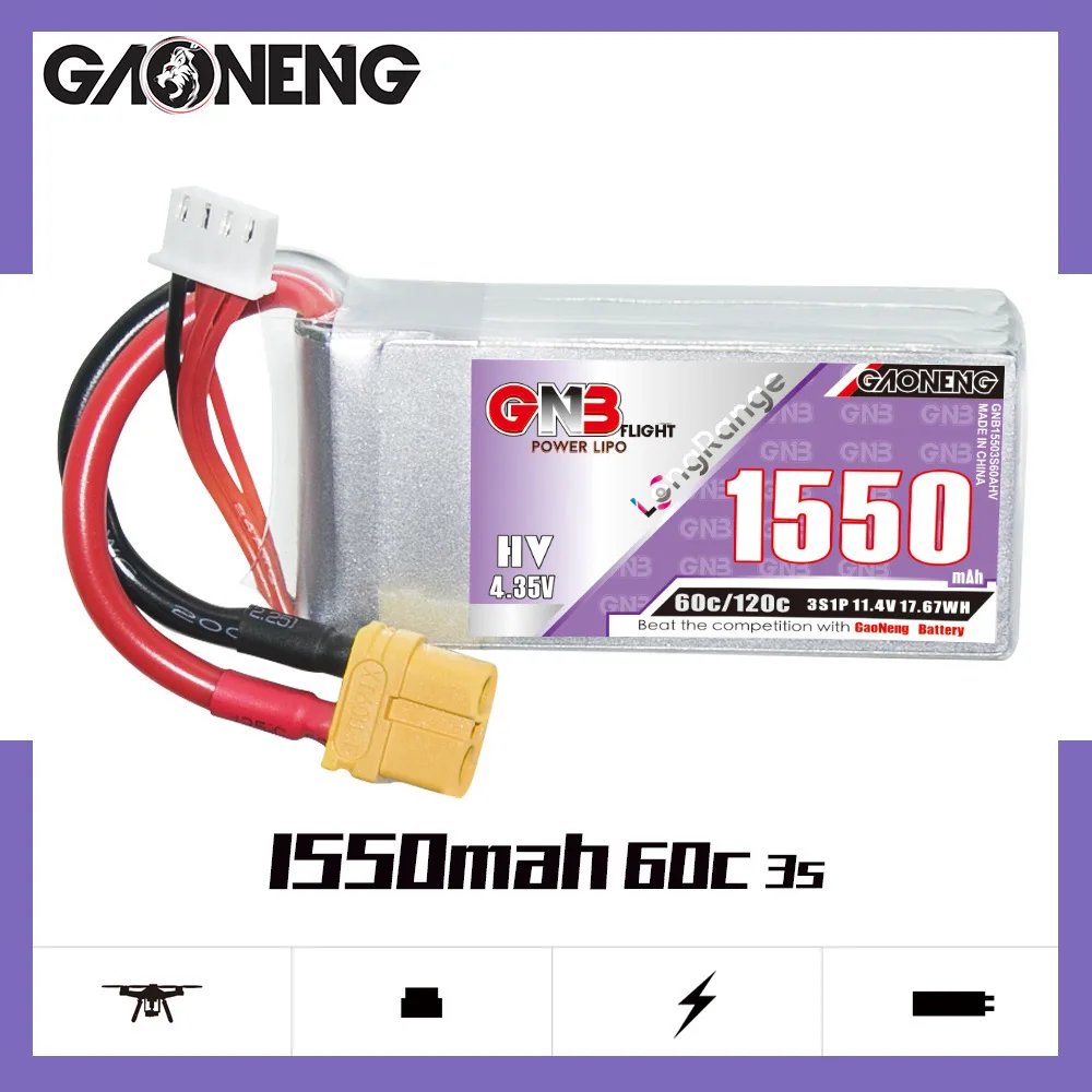 GNB 2S 3S 4S 6S 1550mAh 60C Lipo Battery for RC Car Truck Buggy FPV Drones RC Parts 7.6V 11.4V 15.2V 22.8V Rechargeable Battery