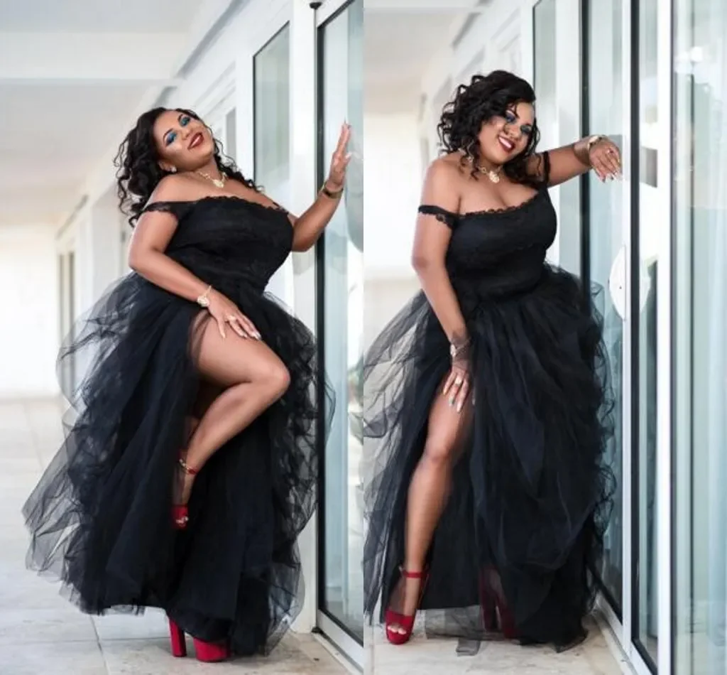 

Customized Sexy Black Plus Size Prom Dresses Side Split Tutu Tulle Off The Shoulder Party Women Formal African Evening Gowns