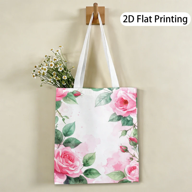 1pc Watercolor Pink Rose Tote Bag,Shopping Bag,Suitable for 