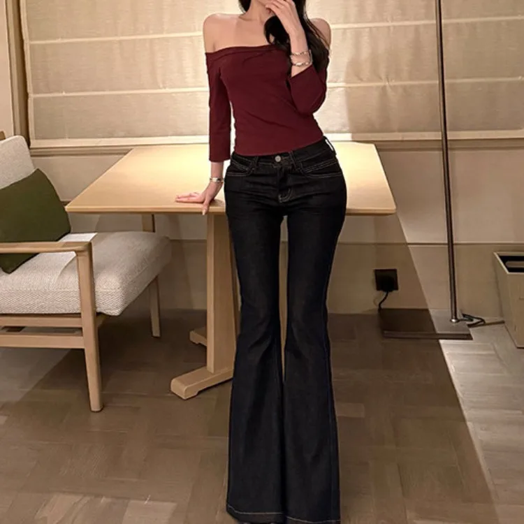 Titi Low Waist Detachable Flared Jeans Women's Slim Fit Hip Lifting Long Pants Casual Style Standard Body Pure Color Four Sea...