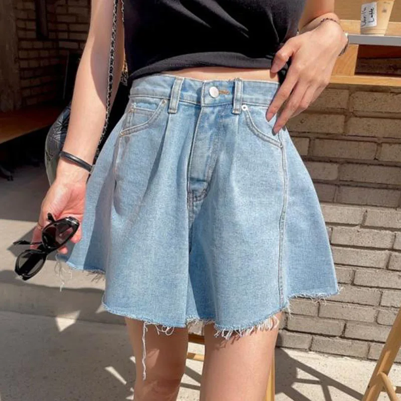 

Women One Grain Buckle Double Pocket Shorts 2022 Korean Chic Summer Retro High Waist Loose Wide Leg Woolen Denim Pants