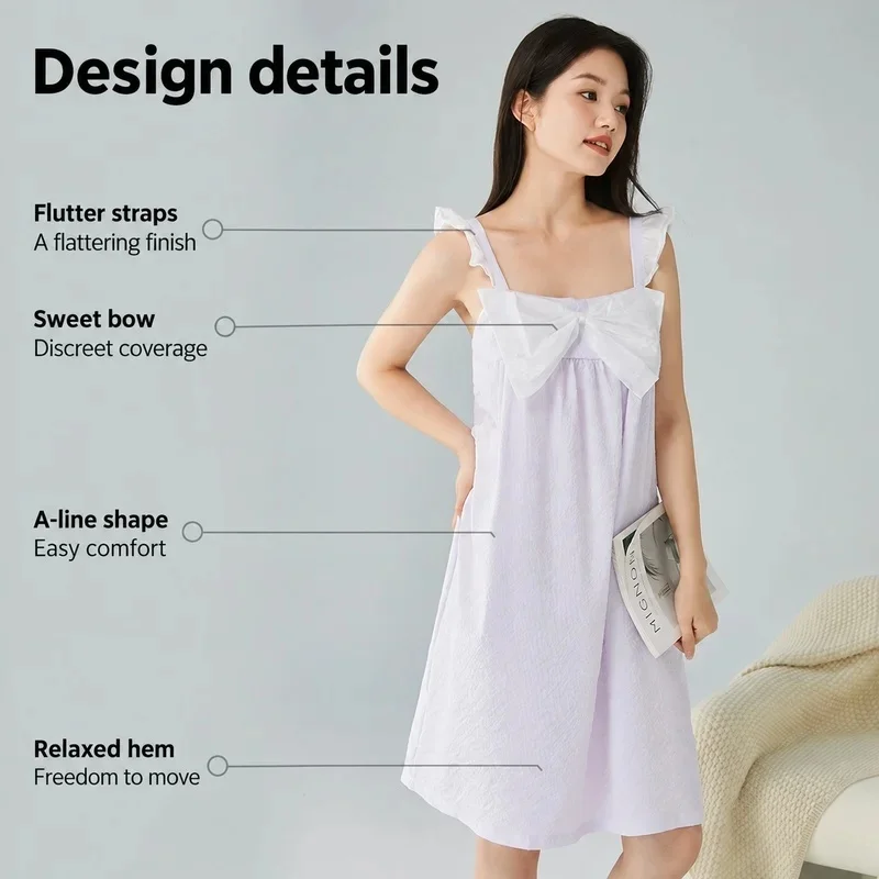 Nightdress Women Lilac Bow Flutter Straps Lightweight Sleeveless Summer Sleepwear Soft Comfy Lounge Nightgown Breathable Cozy 3