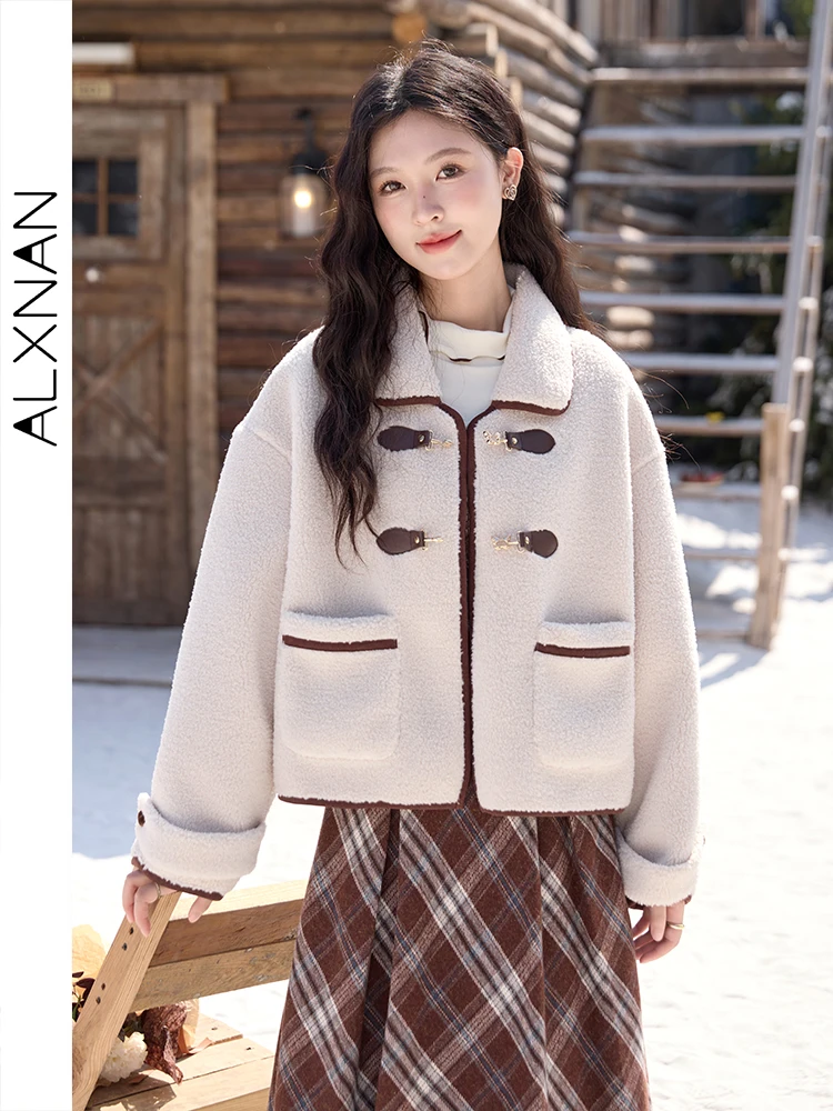 ALXNAN Women Lamb Wool Jackets Winter Warm Lapel Collar Metal Butterfly Button Coats 2024 Long Sleeve Thickness Outerwear L52386