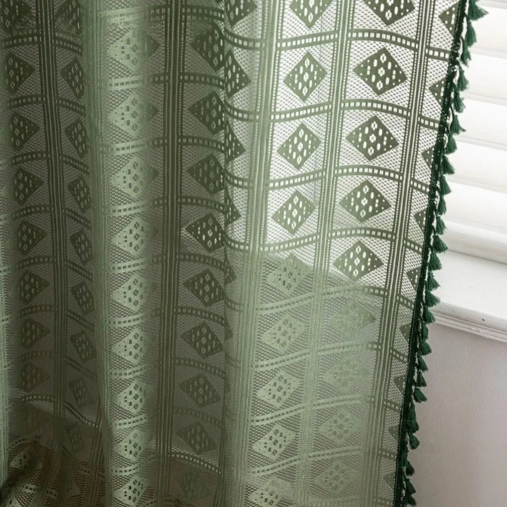 

European Style Geometric Pattern Embroidered Tulle Sheer Lace Curtain with Tassel Decor 1PC