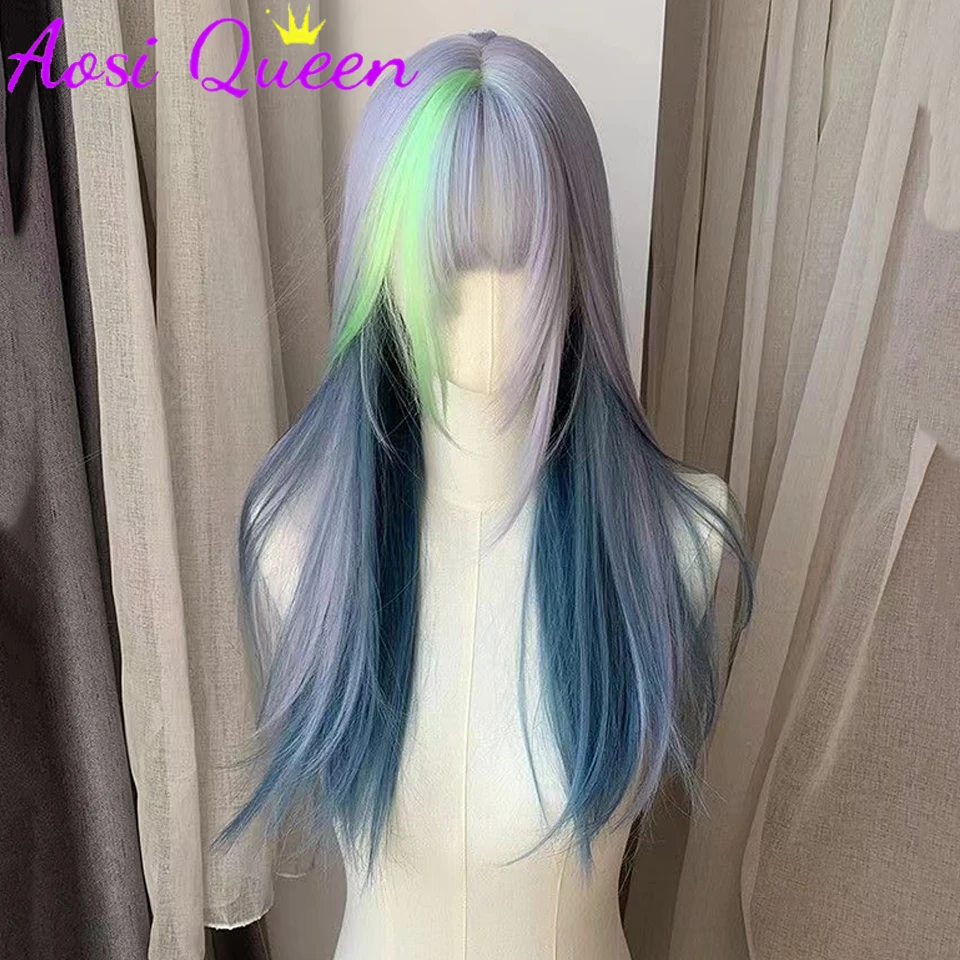 AosiQueen Blue Green Highlights Hair Long Straight Wigs for Women Natural Hair Synthetic Wigs Daily Cosplay Heat Resistant