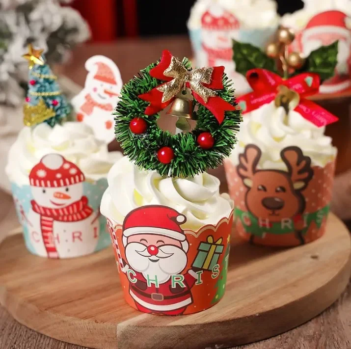 50pcs Christmas Cupcake Cups Baking Liners Muffin Toppers Wrappers Snowman Santa Claus Reindeer Elf Gnome Gingerbread For Party