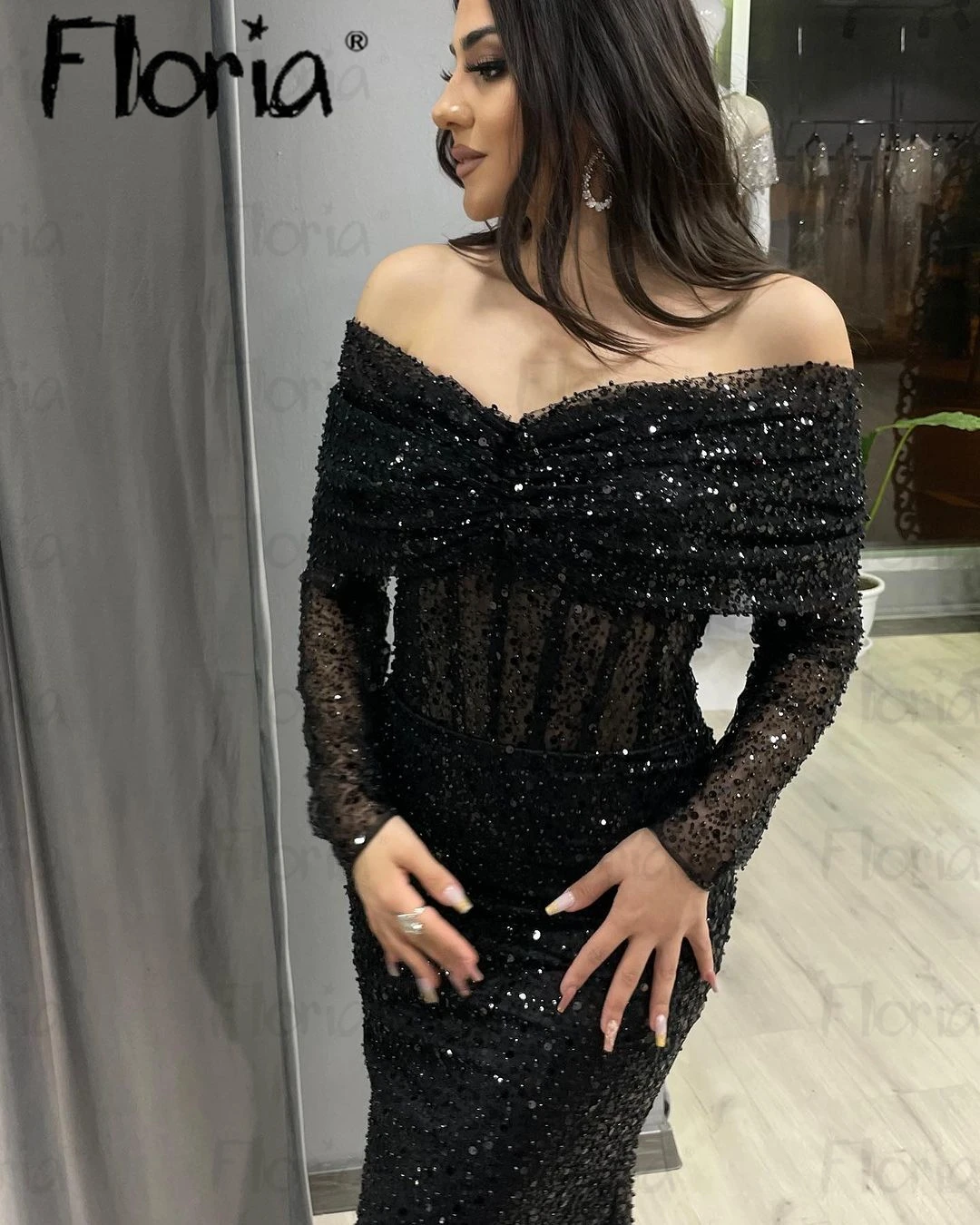 Floria Luxury Sequins Black Dubai Evening Dresses for Women Elegant Boat Neck Off Shoulder Long Sleeve Wedding Party Dress 2024