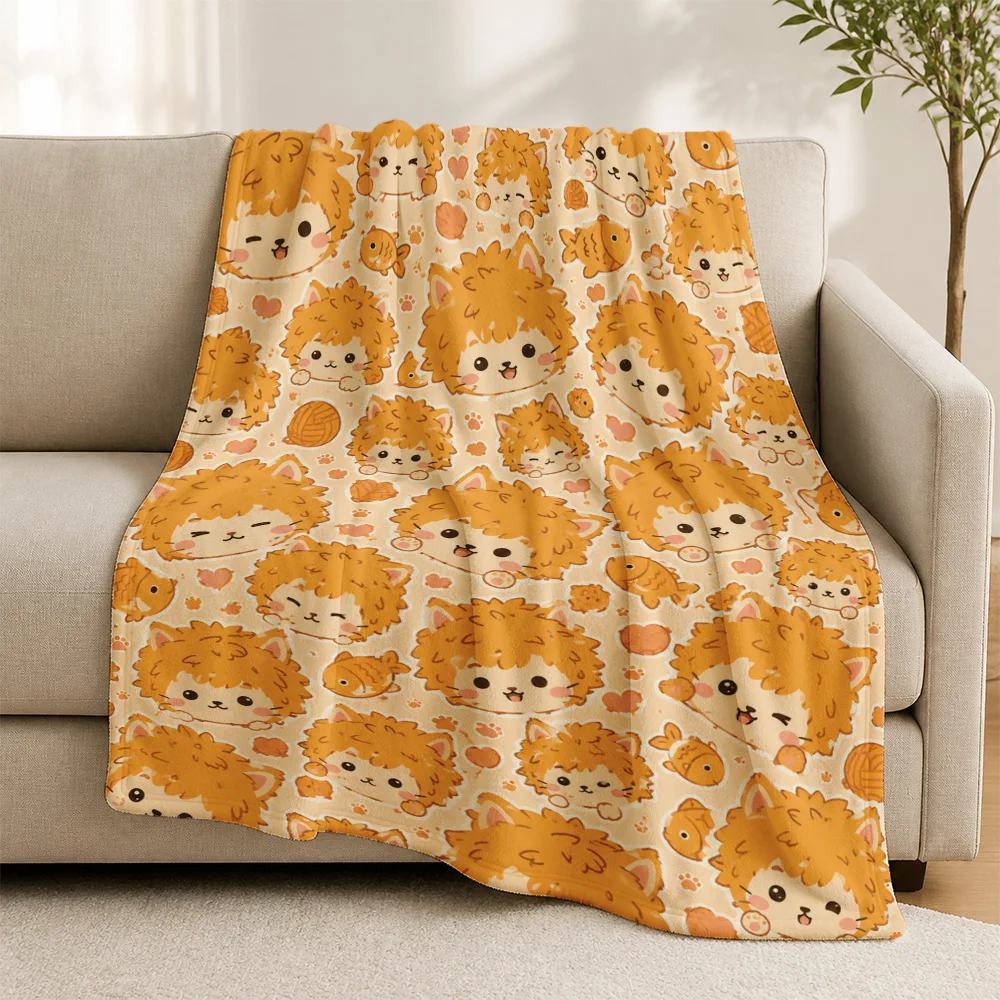 Adorable Cat Pattern Sofa Throw Blanket Yellow Autumn Plush Fleece Cozy Cover for Living Room Decor Gift for Cat Lovers