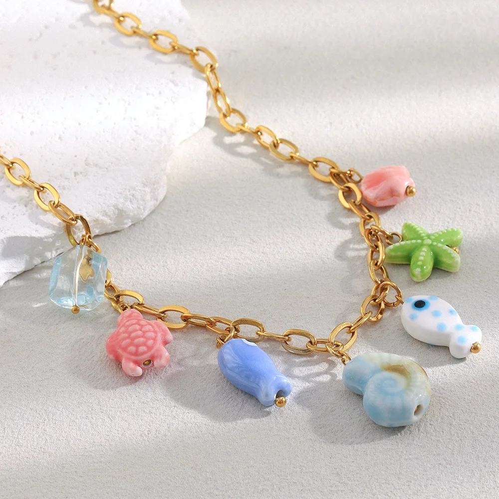 الموضة الملونة الأسماك نجم البحر السلاحف البحرية محارة السيراميك قلادة قلادة الفولاذ المقاوم للصدأ قابل للتعديل مقاوم للماء مجوهرات نسائية