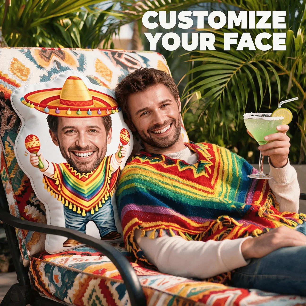 Custom Photo Shaped Pillow, Personalized Face with Sombrero And Maracas Funny Decorative Cushion, Unique Home Decor Accent for S