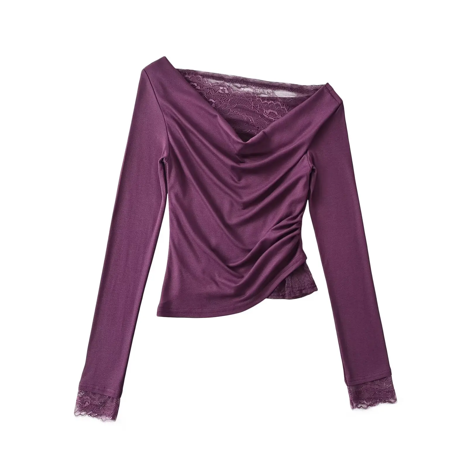 Street Sle Long Sve T-irt Women's ort Length Top Lace Trim oulder Bared Base Layer irt Slimming Effect Spring Au...