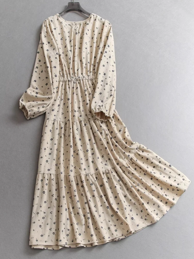 Corduroy overhemdjurk voor dames Franse stijl 2026 - Daisy Print Ronde hals Bubble Sleeve Lange losse jurk met trekkoord W2042