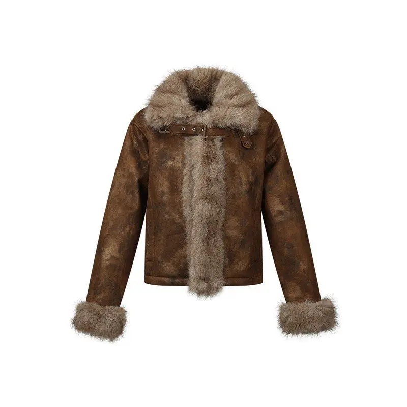 Jaqueta feminina de pele sintética outono e inverno emendada High Street Slim Fit Jaqueta curta