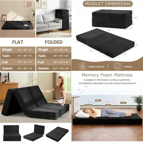 6 colchão futon dobrável de tamanho completo com espuma viscoelástica, capa lavável e base antiderrapante para convidados e acampamento