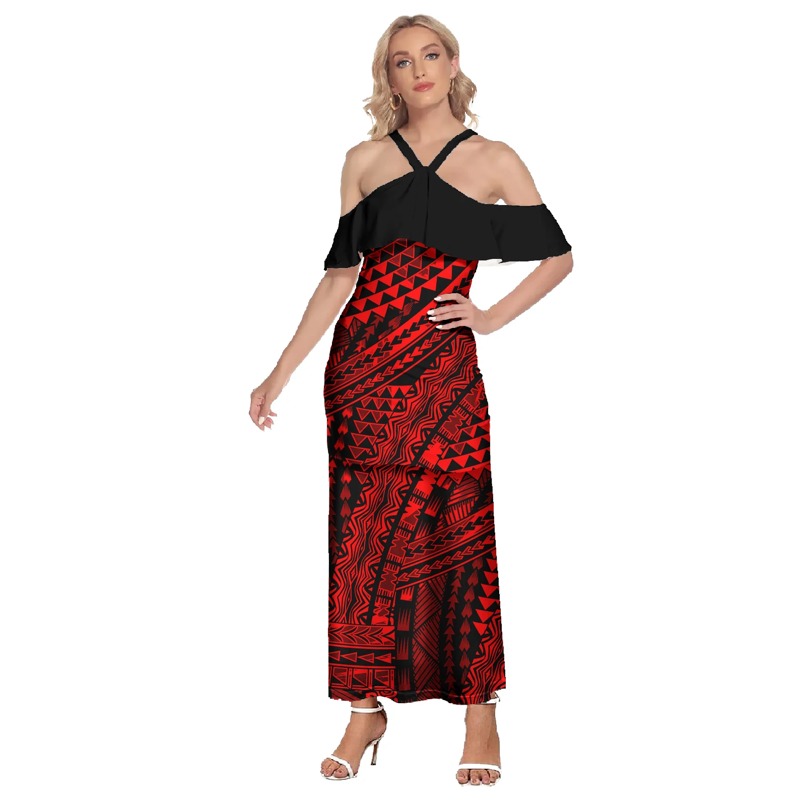 Women Polynesian Tribal Samoan Tapa Flower Print On Demand Maxi Dresses Custom Samoan Puletasi Two Piece Elegant Dresses