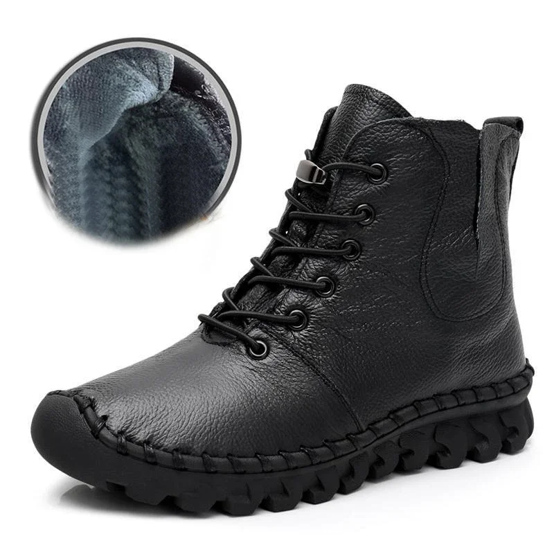 Lace-up Genuine Leather Women Boots A518 Fashion Casual Low Tube Round Toe Real Leather Shoes Winter Shoes Warm Thick