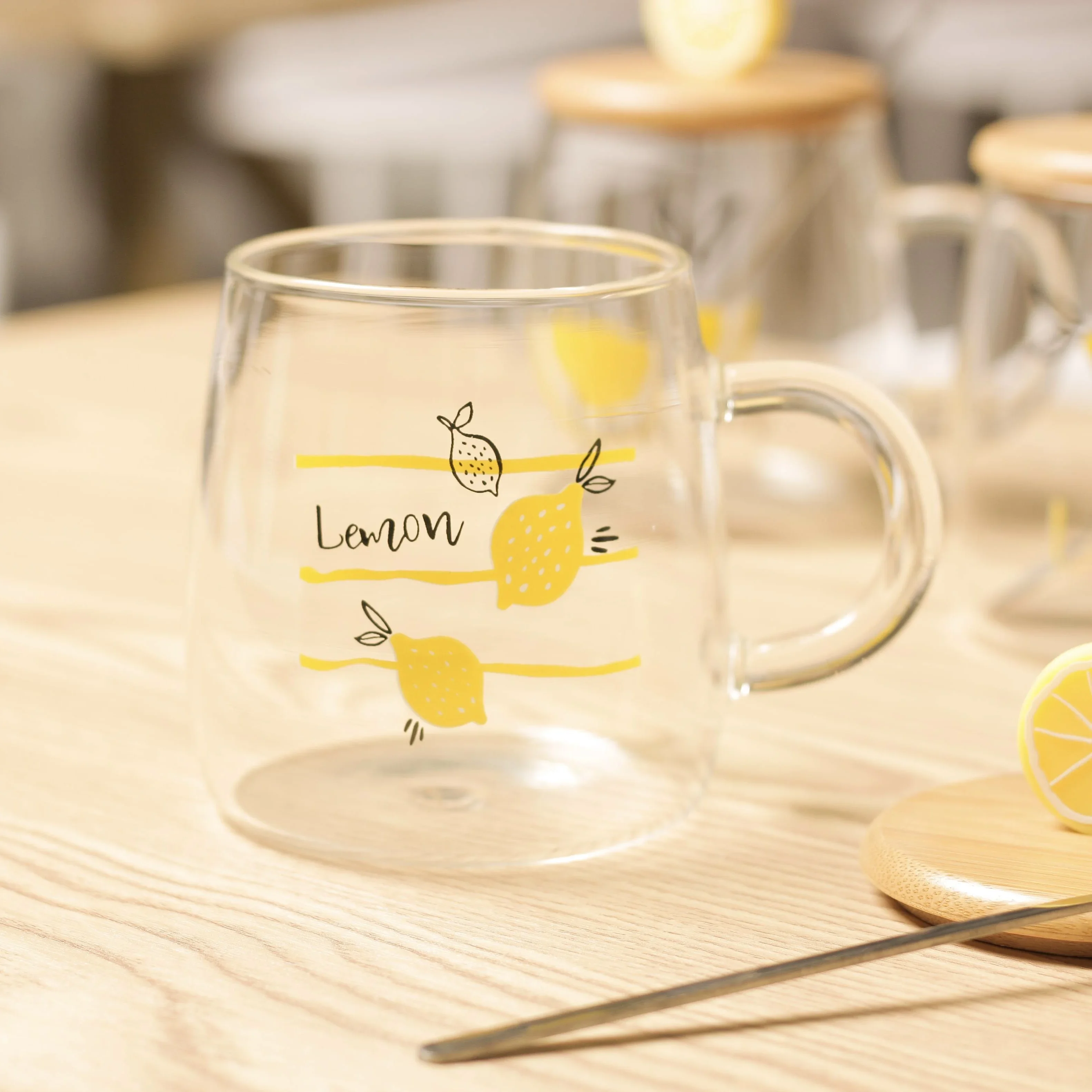 

# 2022 New Lemon Pattern Glass Water Cup Transparent Round Cup High Temperature Resistant Handle Glass Water Cup #