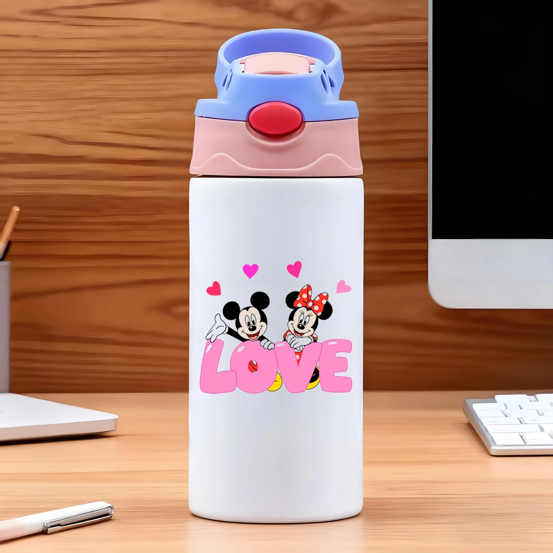 

Disney Mickey and Minnie cartoon vacuum cup LOVE glossy font heartshaped pattern 304 stainless steel cartoon straw cup kids