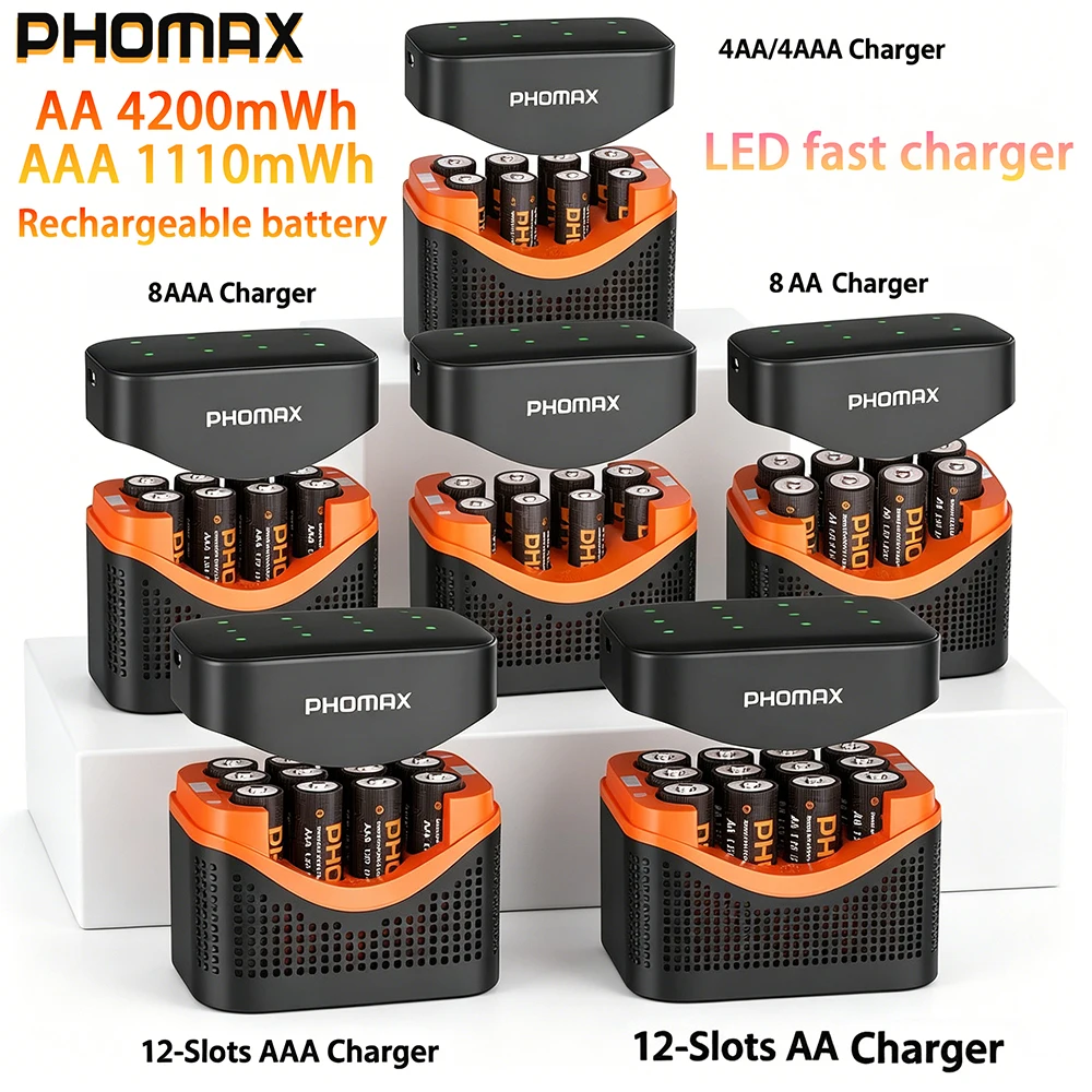 PHOMAX Rechargeable Battery & Multi Slot Fast Charger 1.5V AA 4200mWh AAA 1110mWh For Clock Radio Video Game Digital Camera