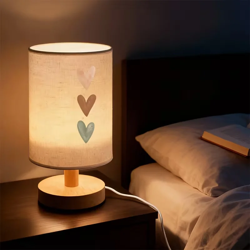 Nordic Wood Table Lamp with Heart Silk Lampshade, USB LED Bedside Lamp for Gift & Room Decor