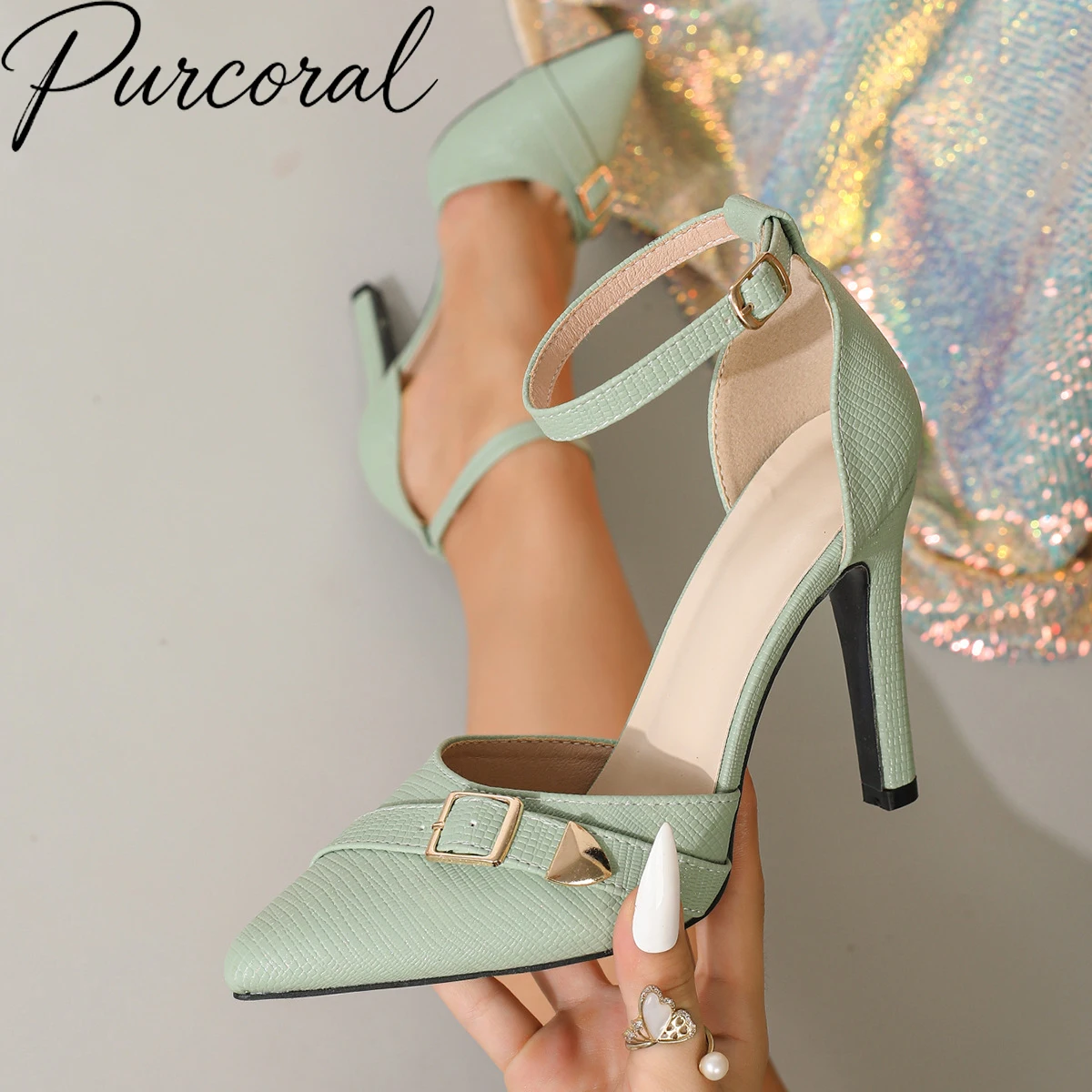 Purcoral 2026 New Women Pointed Toe Chunky High Heel Pumps Ankle Strap Buckle Cutout Sandals Metal Decor Shoes Zapatos Mujer