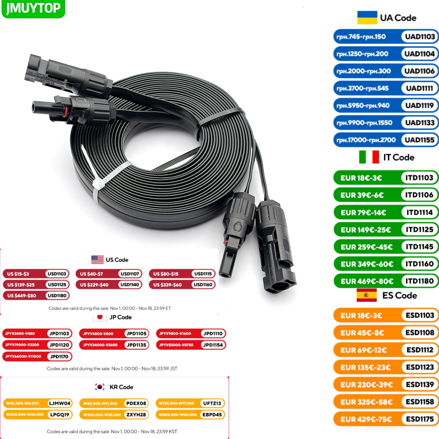 JMUYTOP 50CM-10M 12AWG MC-4 Window Cable Flat for Solar Connector Interface Solar Panel Power Station Balcony Through Flat Wire