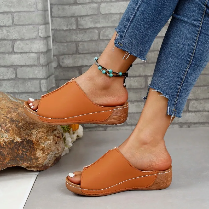 2024 Summer Women Wedge Sandals Premium Orthopedic Open Toe Sandals Vintage Anti-slip Leather Casual Female Platform Retro Shoes