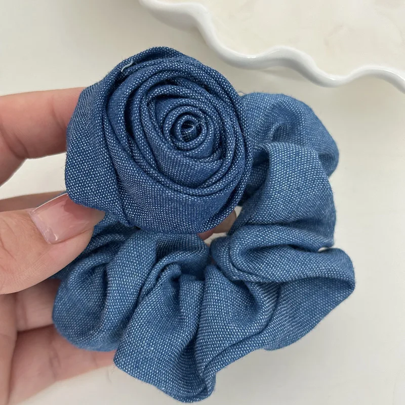 Korean Blue Denim Flower Hair Rope Solid Color Hair Tie Elastic Hairband Elegant Ponytail Holder Rubber Girls Hair Accessories