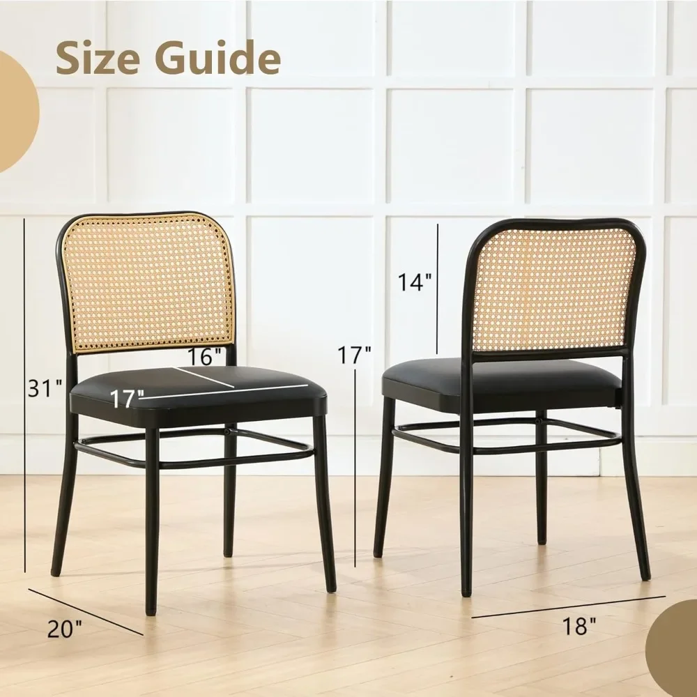 مجموعة كراسي تناول الطعام من الروطان مكونة من 6 قطع، كراسي طعام منجدة من الجلد الصناعي مع ظهر قصب، مطبخ وغرفة طعام حديثة في منتصف القرن C