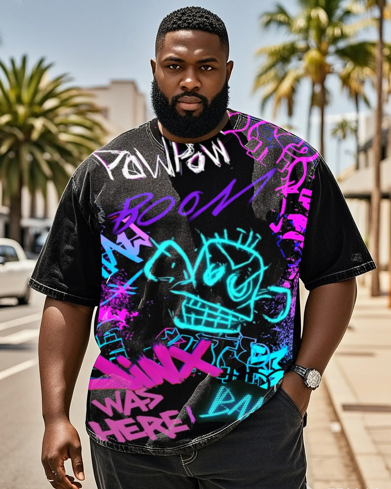 S-9XL Übergrößen Herren Graffiti Streetwear Print T-Shirt Große Größen Lässiges Kurzarm-Oberteil