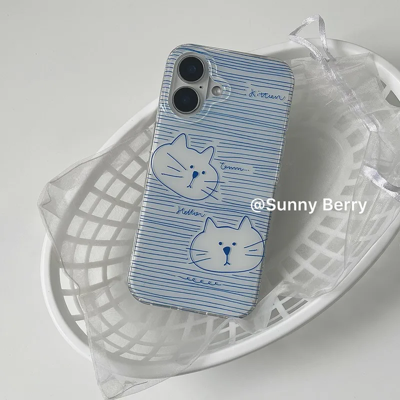 Korean Ins Blue Striped Kitten Cat Y2K Phone Case For iPhone Ultra 18 17 Air 16 15 14 13 12 11 Pro Max Plus Anti-Yellow Cover - view 3
