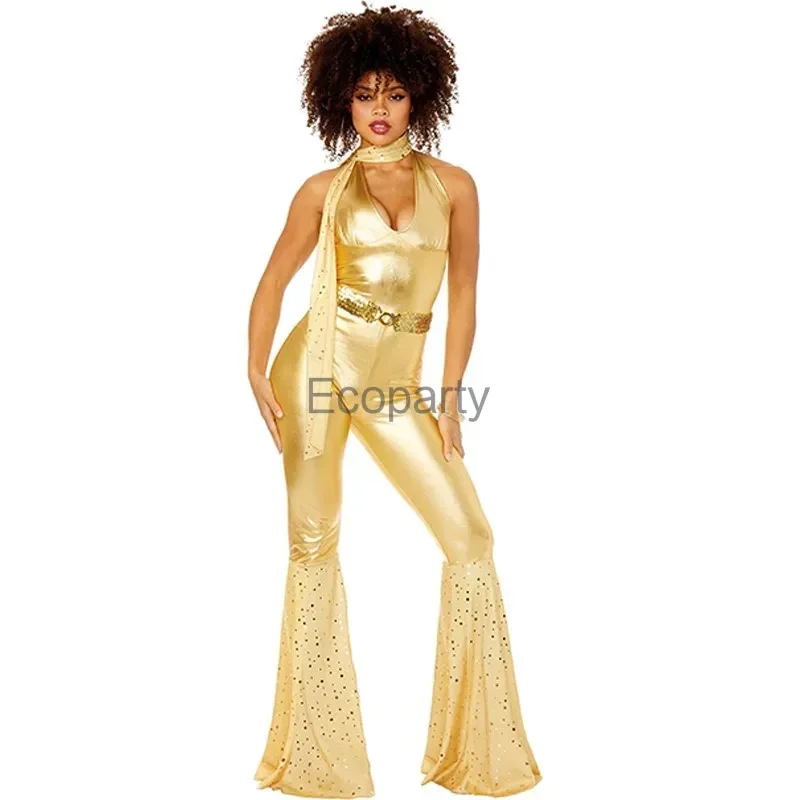Women Sexy 70\'S Rock Disco Hippies Cosplay Costume Adult Halloween 80\'s Hippies Dance Outfits Carnival Party Performance Costume