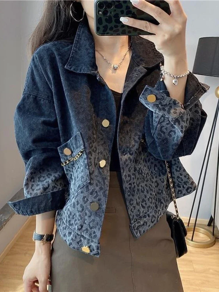 

Harajuku Denim Jackets Women Clothing Fashion Streetwear Outwear 2024 Ropa Mujer Leopard Gradient Casual Coat Korean Y2k Tops