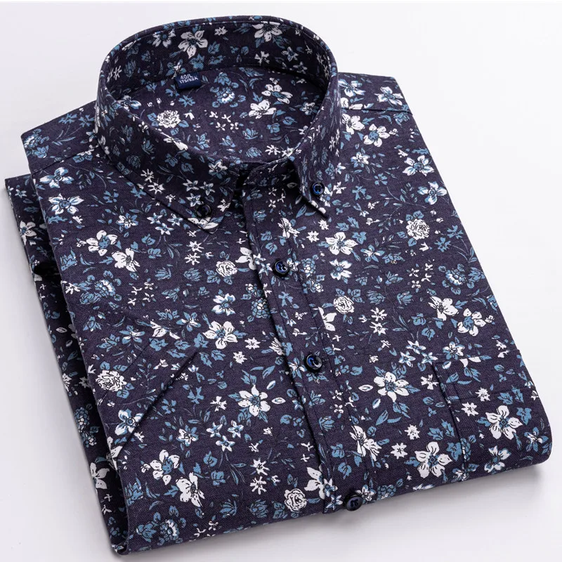 Summer Shirt Print Men Short Sleeve Leisure Streetwear 100% Cotton Oxford Floral Button Down Male Dress Shirt Plus Big Size 7XL