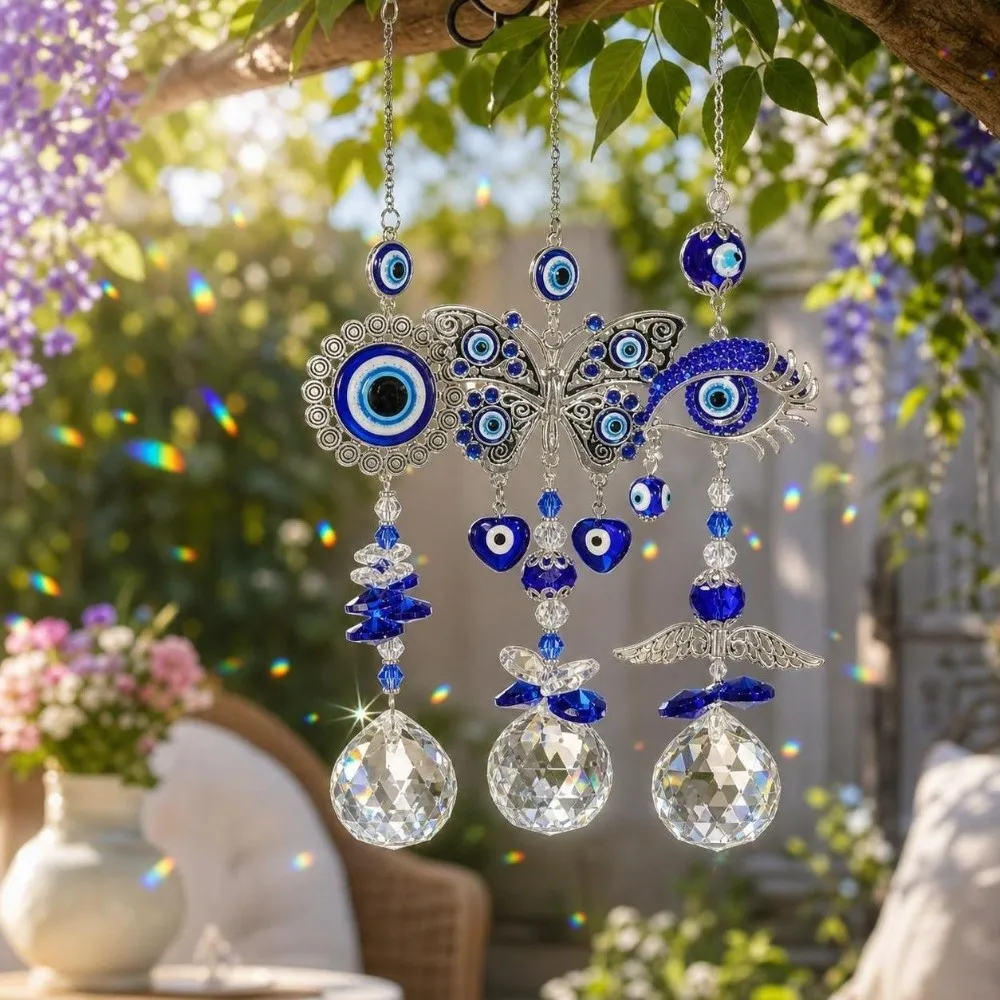 Rhinestone Devil Eye Suncatcher Rainbow Maker Crystal Balls Sun Catcher Pendant Butterfly Ornaments Sunlight Catcher