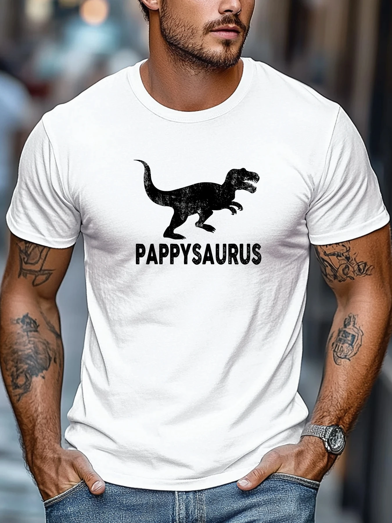 Men Black Crew Neck Tee Distressed White T Rex Dinosaur Pappysaurus Funny Dad Theme Soft Cotton Casual Male Short Sleeve Tops