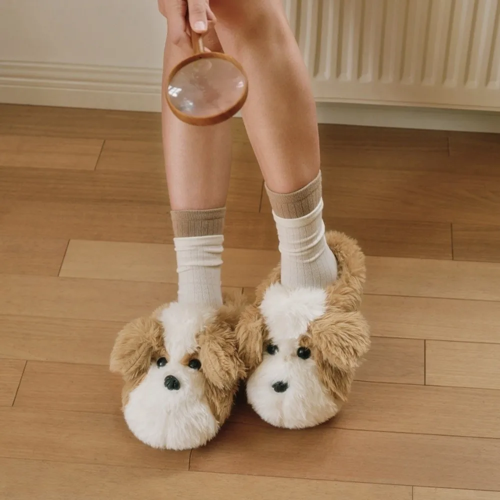 Casual Soft Plush Dog Slides Cute Lovely Puppy Slippers Warm Fluffy Winter Slippers Girls