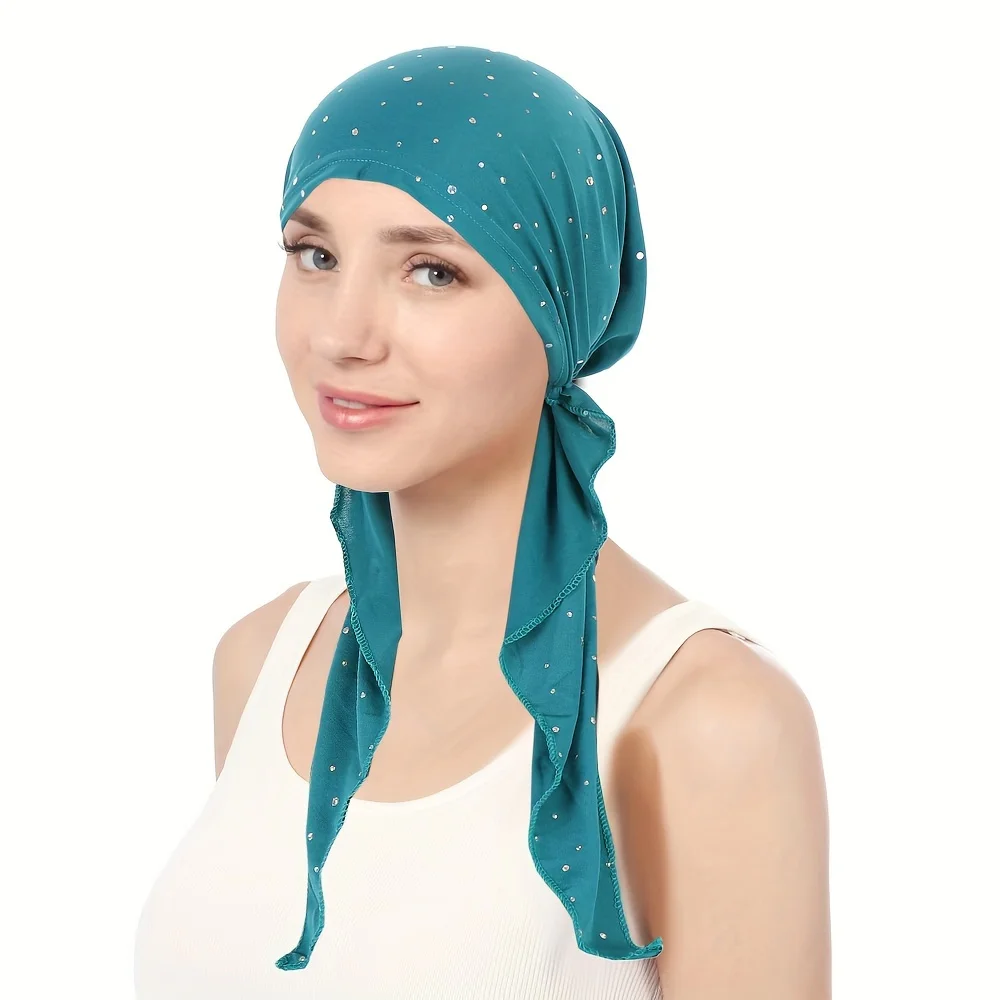 Rhinestone Decor Turban Hat Solid Color Elastic Head Wraps Casual Skull Cap Beanies Chemo Cap For Women