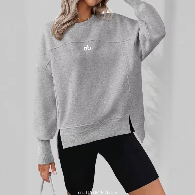 Women Autumn Winter Crew Neck Sweatshirt Long Sleeve Split‑Hem Solid Color Minimalist Loose Versatile Casual Streetwear Tops