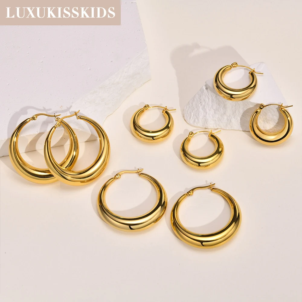 LUXUKISSKIDS Chunky Gold/Silver Color Hoop Earrings For Woman Big Round Smooth Ears Clips Stainless Steel Vintage Jewelry Gifts