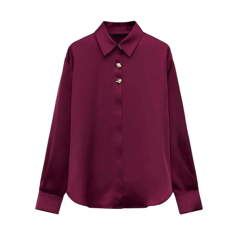 Printemps nouveau femmes irt bouton doré décoré soie Satin Texture Long col Sve coupe régulière trajet Sle Polyester...