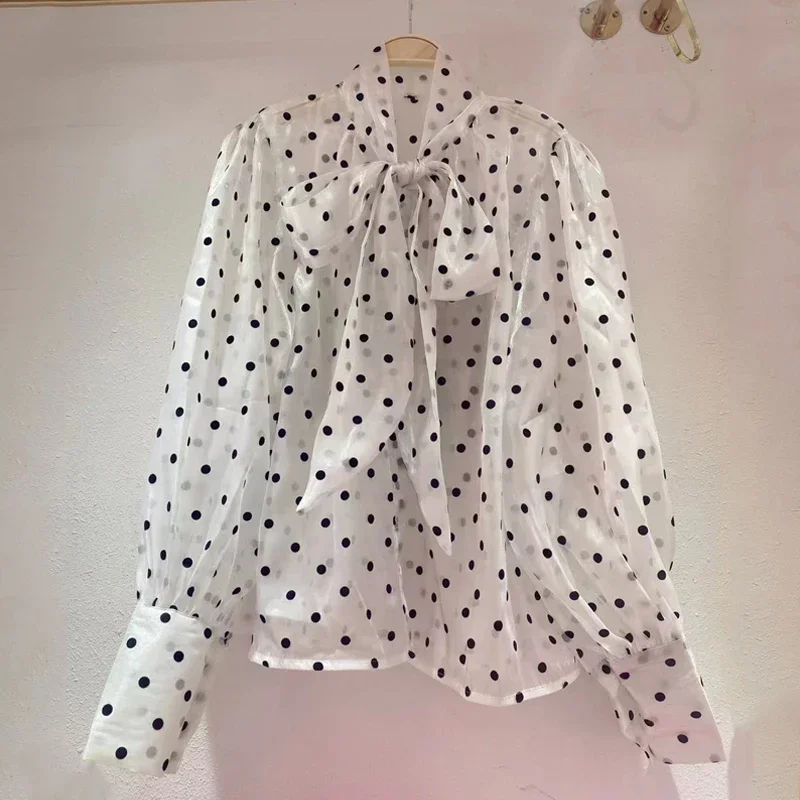 2023 Bow Tie Long Puff Sleeve Shirt Polka Dot Printed Women Office Lady Blouse Loose Tops Autumn New Sweet Clothes Blusas 29920