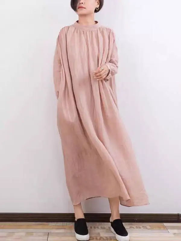 

Loose Fit round Ne Long Sve Dr for Women Casual Daily Wear Pink Simple Lazy Sle Overhead Dr Comfortable Long Skirt