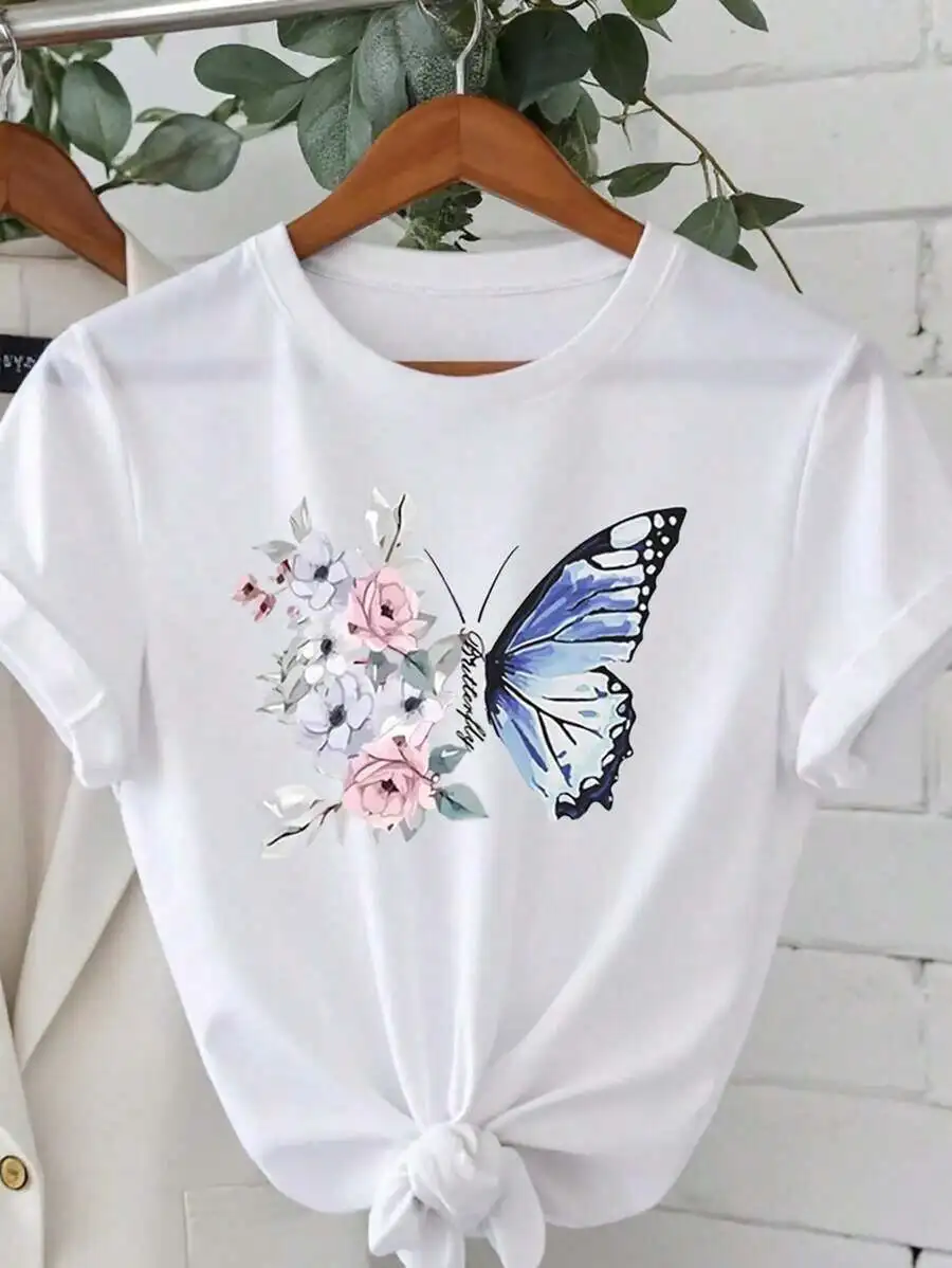 1-Piece Set--Women's Round Neck Chrysanthemum Floral Print T-Shirt Top, Fashion Anti-Wrinkle Cotton T-Shirt