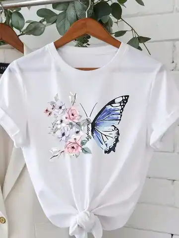 1-Piece Set--Women's Round Neck Chrysanthemum Floral Print T-Shirt Top, Fashion Anti-Wrinkle Cotton T-Shirt