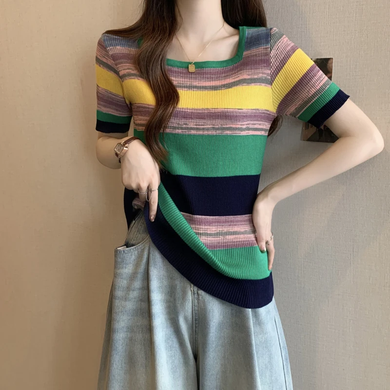 

Винтажный элегантный вязаный свитер-пуловер для женщин, корейская мода, женский топ с коротким рукавом, квадратным воротником, шикарный стильный женский топ