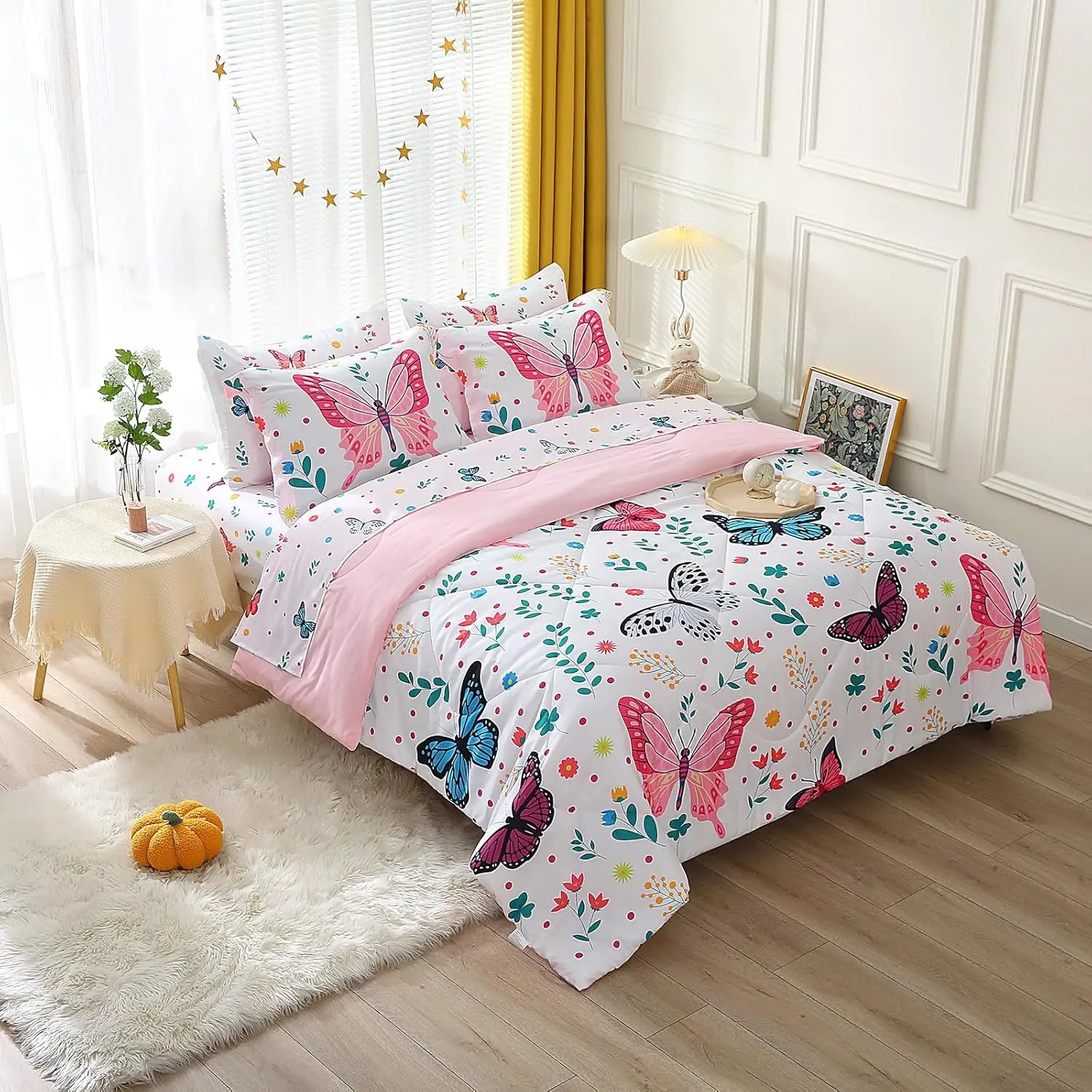 Colorful Butterfly Full Bedding Set for Girls, 7-Piece Microfiber Comforter with Sheets and Pillowcases